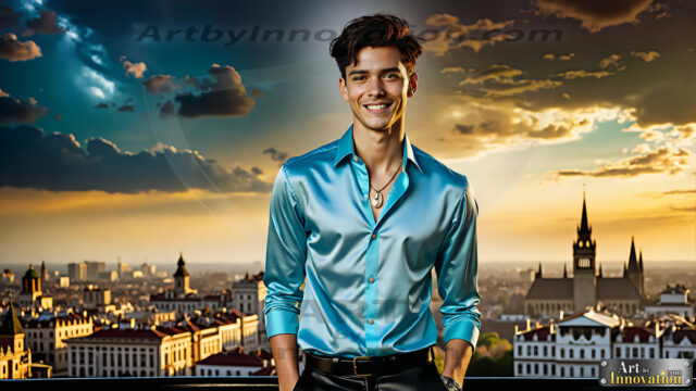 The Men of the Golden City is a collection of AI generated images of beautiful, glamorous, handsome guys in the heavens. The heavenly landscape evokes a sense of magnificence, the majestic gothic architecture, is detailed and crafted to create an atmosphere of reverence and divine glory. The mystical and galactic landscape highlights the golden city. The great detail of the city and the billowing clouds. A golden river flows from the city to the end of the galaxy. The vast galaxy almost covers the image. The stars and constellations sparkle in the galaxy. The city has massive, magnificent, majestic gothic architecture.