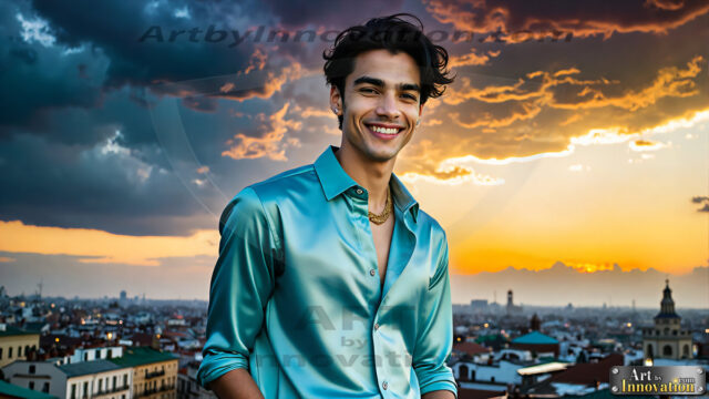 The Men of the Golden City is a collection of AI generated images of beautiful, glamorous, handsome guys in the heavens. The heavenly landscape evokes a sense of magnificence, the majestic gothic architecture, is detailed and crafted to create an atmosphere of reverence and divine glory. The mystical and galactic landscape highlights the golden city. The great detail of the city and the billowing clouds. A golden river flows from the city to the end of the galaxy. The vast galaxy almost covers the image. The stars and constellations sparkle in the galaxy. The city has massive, magnificent, majestic gothic architecture.