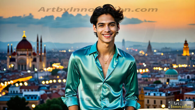 The Men of the Golden City is a collection of AI generated images of beautiful, glamorous, handsome guys in the heavens. The heavenly landscape evokes a sense of magnificence, the majestic gothic architecture, is detailed and crafted to create an atmosphere of reverence and divine glory. The mystical and galactic landscape highlights the golden city. The great detail of the city and the billowing clouds. A golden river flows from the city to the end of the galaxy. The vast galaxy almost covers the image. The stars and constellations sparkle in the galaxy. The city has massive, magnificent, majestic gothic architecture.