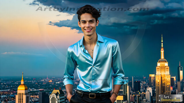 The Men of the Golden City is a collection of AI generated images of beautiful, glamorous, handsome guys in the heavens. The heavenly landscape evokes a sense of magnificence, the majestic gothic architecture, is detailed and crafted to create an atmosphere of reverence and divine glory. The mystical and galactic landscape highlights the golden city. The great detail of the city and the billowing clouds. A golden river flows from the city to the end of the galaxy. The vast galaxy almost covers the image. The stars and constellations sparkle in the galaxy. The city has massive, magnificent, majestic gothic architecture.