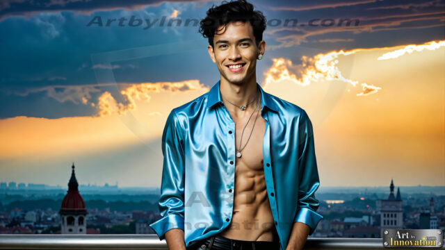 The Men of the Golden City is a collection of AI generated images of beautiful, glamorous, handsome guys in the heavens. The heavenly landscape evokes a sense of magnificence, the majestic gothic architecture, is detailed and crafted to create an atmosphere of reverence and divine glory. The mystical and galactic landscape highlights the golden city. The great detail of the city and the billowing clouds. A golden river flows from the city to the end of the galaxy. The vast galaxy almost covers the image. The stars and constellations sparkle in the galaxy. The city has massive, magnificent, majestic gothic architecture.