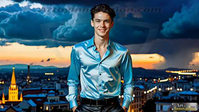 The Men of the Golden City is a collection of AI generated images of beautiful, glamorous, handsome guys in the heavens. The heavenly landscape evokes a sense of magnificence, the majestic gothic architecture, is detailed and crafted to create an atmosphere of reverence and divine glory. The mystical and galactic landscape highlights the golden city. The great detail of the city and the billowing clouds. A golden river flows from the city to the end of the galaxy. The vast galaxy almost covers the image. The stars and constellations sparkle in the galaxy. The city has massive, magnificent, majestic gothic architecture.