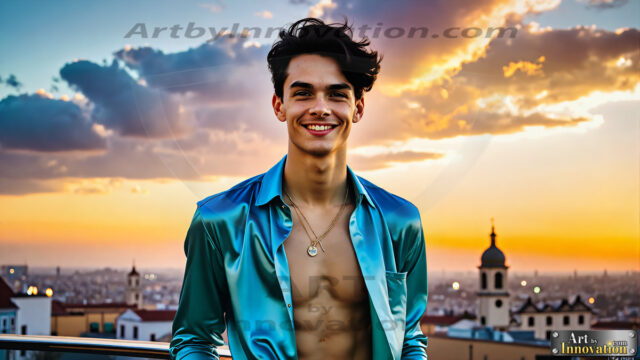 The Men of the Golden City is a collection of AI generated images of beautiful, glamorous, handsome guys in the heavens. The heavenly landscape evokes a sense of magnificence, the majestic gothic architecture, is detailed and crafted to create an atmosphere of reverence and divine glory. The mystical and galactic landscape highlights the golden city. The great detail of the city and the billowing clouds. A golden river flows from the city to the end of the galaxy. The vast galaxy almost covers the image. The stars and constellations sparkle in the galaxy. The city has massive, magnificent, majestic gothic architecture.