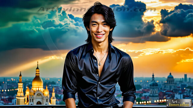 The Men of the Golden City is a collection of AI generated images of beautiful, glamorous, handsome guys in the heavens. The heavenly landscape evokes a sense of magnificence, the majestic gothic architecture, is detailed and crafted to create an atmosphere of reverence and divine glory. The mystical and galactic landscape highlights the golden city. The great detail of the city and the billowing clouds. A golden river flows from the city to the end of the galaxy. The vast galaxy almost covers the image. The stars and constellations sparkle in the galaxy. The city has massive, magnificent, majestic gothic architecture.