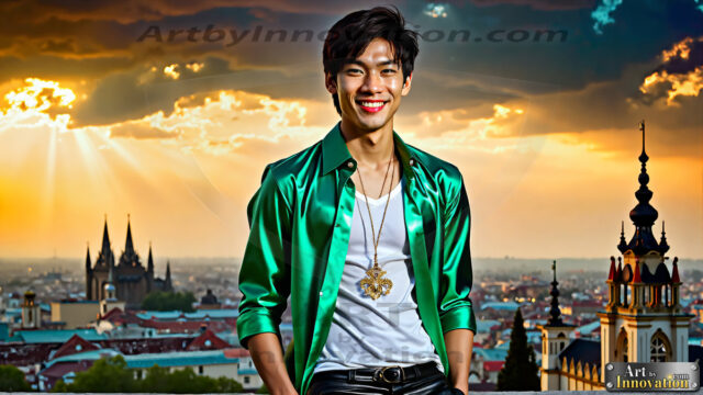 The Men of the Golden City is a collection of AI generated images of beautiful, glamorous, handsome guys in the heavens. The heavenly landscape evokes a sense of magnificence, the majestic gothic architecture, is detailed and crafted to create an atmosphere of reverence and divine glory. The mystical and galactic landscape highlights the golden city. The great detail of the city and the billowing clouds. A golden river flows from the city to the end of the galaxy. The vast galaxy almost covers the image. The stars and constellations sparkle in the galaxy. The city has massive, magnificent, majestic gothic architecture.