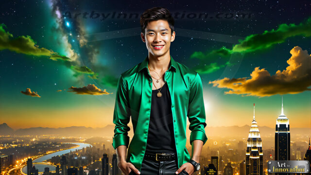 The Men of the Golden City is a collection of AI generated images of beautiful, glamorous, handsome guys in the heavens. The heavenly landscape evokes a sense of magnificence, the majestic gothic architecture, is detailed and crafted to create an atmosphere of reverence and divine glory. The mystical and galactic landscape highlights the golden city. The great detail of the city and the billowing clouds. A golden river flows from the city to the end of the galaxy. The vast galaxy almost covers the image. The stars and constellations sparkle in the galaxy. The city has massive, magnificent, majestic gothic architecture.