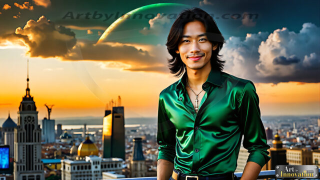 The Men of the Golden City is a collection of AI generated images of beautiful, glamorous, handsome guys in the heavens. The heavenly landscape evokes a sense of magnificence, the majestic gothic architecture, is detailed and crafted to create an atmosphere of reverence and divine glory. The mystical and galactic landscape highlights the golden city. The great detail of the city and the billowing clouds. A golden river flows from the city to the end of the galaxy. The vast galaxy almost covers the image. The stars and constellations sparkle in the galaxy. The city has massive, magnificent, majestic gothic architecture.