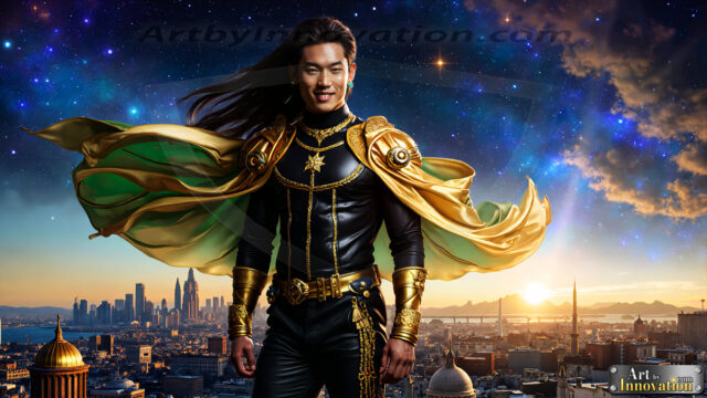 The Men of the Golden City is a collection of AI generated images of beautiful, glamorous, handsome guys in the heavens. The heavenly landscape evokes a sense of magnificence, the majestic gothic architecture, is detailed and crafted to create an atmosphere of reverence and divine glory. The mystical and galactic landscape highlights the golden city. The great detail of the city and the billowing clouds. A golden river flows from the city to the end of the galaxy. The vast galaxy almost covers the image. The stars and constellations sparkle in the galaxy. The city has massive, magnificent, majestic gothic architecture.