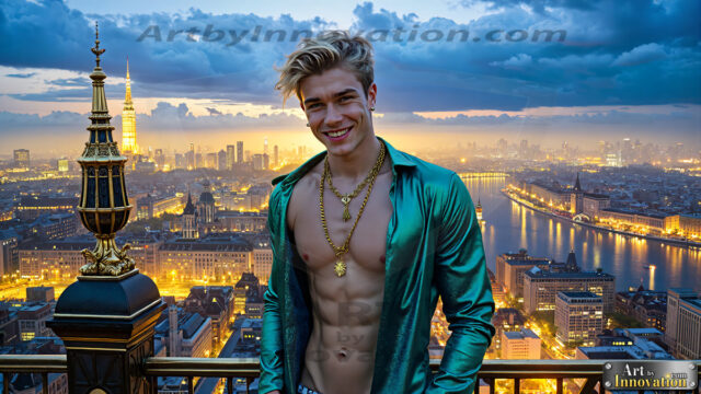 The Men of the Golden City is a collection of AI generated images of beautiful, glamorous, handsome guys in the heavens. The heavenly landscape evokes a sense of magnificence, the majestic gothic architecture, is detailed and crafted to create an atmosphere of reverence and divine glory. The mystical and galactic landscape highlights the golden city. The great detail of the city and the billowing clouds. A golden river flows from the city to the end of the galaxy. The vast galaxy almost covers the image. The stars and constellations sparkle in the galaxy. The city has massive, magnificent, majestic gothic architecture.