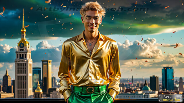 The Men of the Golden City is a collection of AI generated images of beautiful, glamorous, handsome guys in the heavens. The heavenly landscape evokes a sense of magnificence, the majestic gothic architecture, is detailed and crafted to create an atmosphere of reverence and divine glory. The mystical and galactic landscape highlights the golden city. The great detail of the city and the billowing clouds. A golden river flows from the city to the end of the galaxy. The vast galaxy almost covers the image. The stars and constellations sparkle in the galaxy. The city has massive, magnificent, majestic gothic architecture.