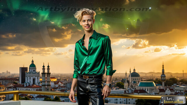 The Men of the Golden City is a collection of AI generated images of beautiful, glamorous, handsome guys in the heavens. The heavenly landscape evokes a sense of magnificence, the majestic gothic architecture, is detailed and crafted to create an atmosphere of reverence and divine glory. The mystical and galactic landscape highlights the golden city. The great detail of the city and the billowing clouds. A golden river flows from the city to the end of the galaxy. The vast galaxy almost covers the image. The stars and constellations sparkle in the galaxy. The city has massive, magnificent, majestic gothic architecture.
