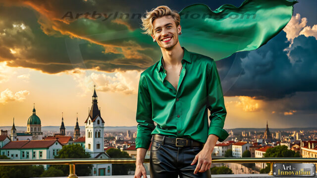 The Men of the Golden City is a collection of AI generated images of beautiful, glamorous, handsome guys in the heavens. The heavenly landscape evokes a sense of magnificence, the majestic gothic architecture, is detailed and crafted to create an atmosphere of reverence and divine glory. The mystical and galactic landscape highlights the golden city. The great detail of the city and the billowing clouds. A golden river flows from the city to the end of the galaxy. The vast galaxy almost covers the image. The stars and constellations sparkle in the galaxy. The city has massive, magnificent, majestic gothic architecture.