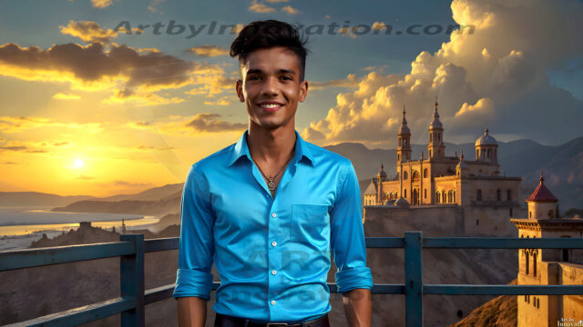 The Beautiful Young Men of the Golden City, is a collection of AI generated images of sexy, glamorous, handsome guys in the heavens. In this fantasy photograph of a young men in their late teens and 20's, overlooking a large golden city in the heavens. Generated to be as realistic as possible, in this this fantasy setting, with todays technology. Wearing jeans, an unbuttoned, vibrant, long-sleeve, button down shirt. The subject is enjoying a beautiful day outdoors. The mystical, galactic landscape, and the vibrant cosmic canopies, every detail, from the texture of the clouds, to the magnificent, majestic gothic architecture of the golden city, is crafted to create an atmosphere of reverence and divine glory. With a breathtaking scene, offering warm golden hour lighting. The heavenly landscape evokes a sense of freedom and tranquility, that is expresses through his facial features and smile, as day turns to night. The heavenly landscape evokes a sense of mysterious black space and light, with a vast galaxy that almost covers the image, the stars and constellations sparkle bright, in dark blue sky.