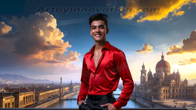 The Beautiful Young Men of the Golden City, is a collection of AI generated images of sexy, glamorous, handsome guys in the heavens. In this fantasy photograph of a young men in their late teens and 20's, overlooking a large golden city in the heavens. Generated to be as realistic as possible, in this this fantasy setting, with todays technology. Wearing jeans, an unbuttoned, vibrant, long-sleeve, button down shirt. The subject is enjoying a beautiful day outdoors. The mystical, galactic landscape, and the vibrant cosmic canopies, every detail, from the texture of the clouds, to the magnificent, majestic gothic architecture of the golden city, is crafted to create an atmosphere of reverence and divine glory. With a breathtaking scene, offering warm golden hour lighting. The heavenly landscape evokes a sense of freedom and tranquility, that is expresses through his facial features and smile, as day turns to night. The heavenly landscape evokes a sense of mysterious black space and light, with a vast galaxy that almost covers the image, the stars and constellations sparkle bright, in dark blue sky.