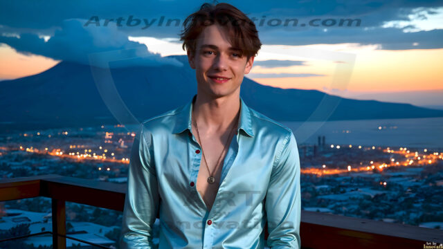 The Beautiful Young Men of the Golden City, is a collection of AI generated images of sexy, glamorous, handsome guys in the heavens. In this fantasy photograph of a young men in their late teens and 20's, overlooking a large golden city in the heavens. Generated to be as realistic as possible, in this this fantasy setting, with todays technology. Wearing jeans, an unbuttoned, vibrant, long-sleeve, button down shirt. The subject is enjoying a beautiful day outdoors. The mystical, galactic landscape, and the vibrant cosmic canopies, every detail, from the texture of the clouds, to the magnificent, majestic gothic architecture of the golden city, is crafted to create an atmosphere of reverence and divine glory. With a breathtaking scene, offering warm golden hour lighting. The heavenly landscape evokes a sense of freedom and tranquility, that is expresses through his facial features and smile, as day turns to night. The heavenly landscape evokes a sense of mysterious black space and light, with a vast galaxy that almost covers the image, the stars and constellations sparkle bright, in dark blue sky.