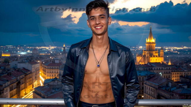 The Beautiful Young Men of the Golden City, is a collection of AI generated images of sexy, glamorous, handsome guys in the heavens. In this fantasy photograph of a young men in their late teens and 20's, overlooking a large golden city in the heavens. Generated to be as realistic as possible, in this this fantasy setting, with todays technology. Wearing jeans, an unbuttoned, vibrant, long-sleeve, button down shirt. The subject is enjoying a beautiful day outdoors. The mystical, galactic landscape, and the vibrant cosmic canopies, every detail, from the texture of the clouds, to the magnificent, majestic gothic architecture of the golden city, is crafted to create an atmosphere of reverence and divine glory. With a breathtaking scene, offering warm golden hour lighting. The heavenly landscape evokes a sense of freedom and tranquility, that is expresses through his facial features and smile, as day turns to night. The heavenly landscape evokes a sense of mysterious black space and light, with a vast galaxy that almost covers the image, the stars and constellations sparkle bright, in dark blue sky.