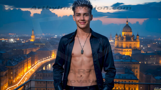 The Beautiful Young Men of the Golden City, is a collection of AI generated images of sexy, glamorous, handsome guys in the heavens. In this fantasy photograph of a young men in their late teens and 20's, overlooking a large golden city in the heavens. Generated to be as realistic as possible, in this this fantasy setting, with todays technology. Wearing jeans, an unbuttoned, vibrant, long-sleeve, button down shirt. The subject is enjoying a beautiful day outdoors. The mystical, galactic landscape, and the vibrant cosmic canopies, every detail, from the texture of the clouds, to the magnificent, majestic gothic architecture of the golden city, is crafted to create an atmosphere of reverence and divine glory. With a breathtaking scene, offering warm golden hour lighting. The heavenly landscape evokes a sense of freedom and tranquility, that is expresses through his facial features and smile, as day turns to night. The heavenly landscape evokes a sense of mysterious black space and light, with a vast galaxy that almost covers the image, the stars and constellations sparkle bright, in dark blue sky.