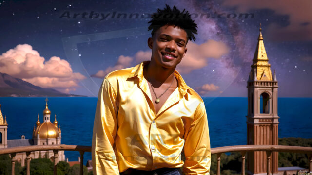 The Beautiful Young Men of the Golden City, is a collection of AI generated images of sexy, glamorous, handsome guys in the heavens. In this fantasy photograph of a young men in their late teens and 20's, overlooking a large golden city in the heavens. Generated to be as realistic as possible, in this this fantasy setting, with todays technology. Wearing jeans, an unbuttoned, vibrant, long-sleeve, button down shirt. The subject is enjoying a beautiful day outdoors. The mystical, galactic landscape, and the vibrant cosmic canopies, every detail, from the texture of the clouds, to the magnificent, majestic gothic architecture of the golden city, is crafted to create an atmosphere of reverence and divine glory. With a breathtaking scene, offering warm golden hour lighting. The heavenly landscape evokes a sense of freedom and tranquility, that is expresses through his facial features and smile, as day turns to night. The heavenly landscape evokes a sense of mysterious black space and light, with a vast galaxy that almost covers the image, the stars and constellations sparkle bright, in dark blue sky.