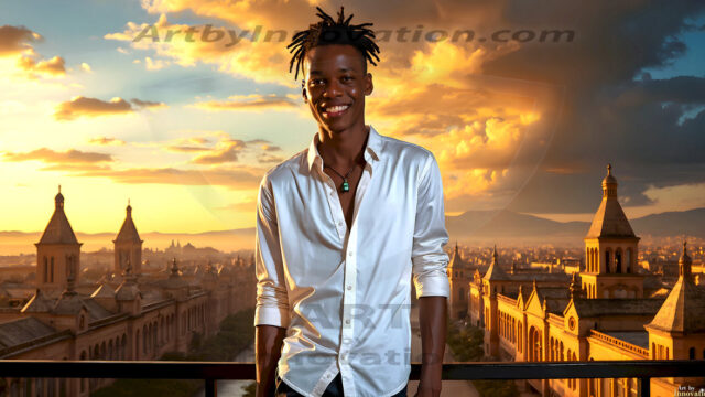The Beautiful Young Men of the Golden City, is a collection of AI generated images of sexy, glamorous, handsome guys in the heavens. In this fantasy photograph of a young men in their late teens and 20's, overlooking a large golden city in the heavens. Generated to be as realistic as possible, in this this fantasy setting, with todays technology. Wearing jeans, an unbuttoned, vibrant, long-sleeve, button down shirt. The subject is enjoying a beautiful day outdoors. The mystical, galactic landscape, and the vibrant cosmic canopies, every detail, from the texture of the clouds, to the magnificent, majestic gothic architecture of the golden city, is crafted to create an atmosphere of reverence and divine glory. With a breathtaking scene, offering warm golden hour lighting. The heavenly landscape evokes a sense of freedom and tranquility, that is expresses through his facial features and smile, as day turns to night. The heavenly landscape evokes a sense of mysterious black space and light, with a vast galaxy that almost covers the image, the stars and constellations sparkle bright, in dark blue sky.