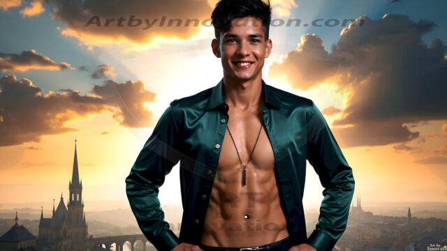 The Beautiful Young Men of the Golden City, is a collection of AI generated images of sexy, glamorous, handsome guys in the heavens. In this fantasy photograph of a young men in their late teens and 20's, overlooking a large golden city in the heavens. Generated to be as realistic as possible, in this this fantasy setting, with todays technology. Wearing jeans, an unbuttoned, vibrant, long-sleeve, button down shirt. The subject is enjoying a beautiful day outdoors. The mystical, galactic landscape, and the vibrant cosmic canopies, every detail, from the texture of the clouds, to the magnificent, majestic gothic architecture of the golden city, is crafted to create an atmosphere of reverence and divine glory. With a breathtaking scene, offering warm golden hour lighting. The heavenly landscape evokes a sense of freedom and tranquility, that is expresses through his facial features and smile, as day turns to night. The heavenly landscape evokes a sense of mysterious black space and light, with a vast galaxy that almost covers the image, the stars and constellations sparkle bright, in dark blue sky.