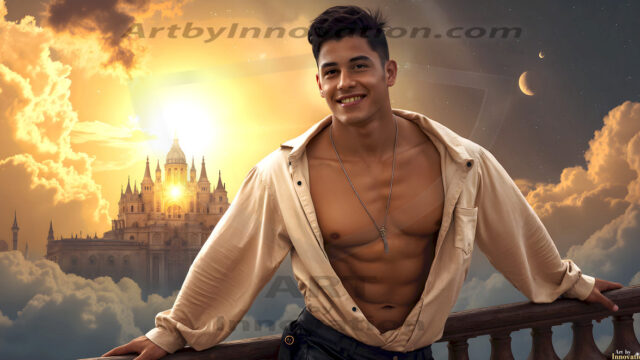 The Beautiful Young Men of the Golden City, is a collection of AI generated images of sexy, glamorous, handsome guys in the heavens. In this fantasy photograph of a young men in their late teens and 20's, overlooking a large golden city in the heavens. Generated to be as realistic as possible, in this this fantasy setting, with todays technology. Wearing jeans, an unbuttoned, vibrant, long-sleeve, button down shirt. The subject is enjoying a beautiful day outdoors. The mystical, galactic landscape, and the vibrant cosmic canopies, every detail, from the texture of the clouds, to the magnificent, majestic gothic architecture of the golden city, is crafted to create an atmosphere of reverence and divine glory. With a breathtaking scene, offering warm golden hour lighting. The heavenly landscape evokes a sense of freedom and tranquility, that is expresses through his facial features and smile, as day turns to night. The heavenly landscape evokes a sense of mysterious black space and light, with a vast galaxy that almost covers the image, the stars and constellations sparkle bright, in dark blue sky.