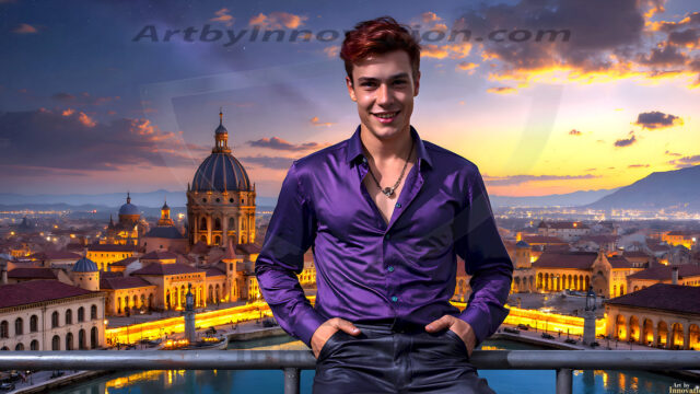 The Beautiful Young Men of the Golden City, is a collection of AI generated images of sexy, glamorous, handsome guys in the heavens. In this fantasy photograph of a young men in their late teens and 20's, overlooking a large golden city in the heavens. Generated to be as realistic as possible, in this this fantasy setting, with todays technology. Wearing jeans, an unbuttoned, vibrant, long-sleeve, button down shirt. The subject is enjoying a beautiful day outdoors. The mystical, galactic landscape, and the vibrant cosmic canopies, every detail, from the texture of the clouds, to the magnificent, majestic gothic architecture of the golden city, is crafted to create an atmosphere of reverence and divine glory. With a breathtaking scene, offering warm golden hour lighting. The heavenly landscape evokes a sense of freedom and tranquility, that is expresses through his facial features and smile, as day turns to night. The heavenly landscape evokes a sense of mysterious black space and light, with a vast galaxy that almost covers the image, the stars and constellations sparkle bright, in dark blue sky.