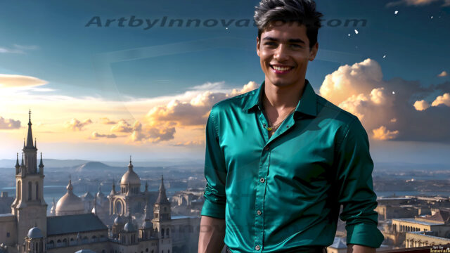 The Beautiful Young Men of the Golden City, is a collection of AI generated images of sexy, glamorous, handsome guys in the heavens. In this fantasy photograph of a young men in their late teens and 20's, overlooking a large golden city in the heavens. Generated to be as realistic as possible, in this this fantasy setting, with todays technology. Wearing jeans, an unbuttoned, vibrant, long-sleeve, button down shirt. The subject is enjoying a beautiful day outdoors. The mystical, galactic landscape, and the vibrant cosmic canopies, every detail, from the texture of the clouds, to the magnificent, majestic gothic architecture of the golden city, is crafted to create an atmosphere of reverence and divine glory. With a breathtaking scene, offering warm golden hour lighting. The heavenly landscape evokes a sense of freedom and tranquility, that is expresses through his facial features and smile, as day turns to night. The heavenly landscape evokes a sense of mysterious black space and light, with a vast galaxy that almost covers the image, the stars and constellations sparkle bright, in dark blue sky.