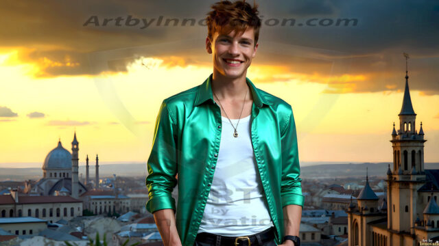 The Beautiful Young Men of the Golden City, is a collection of AI generated images of sexy, glamorous, handsome guys in the heavens. In this fantasy photograph of a young men in their late teens and 20's, overlooking a large golden city in the heavens. Generated to be as realistic as possible, in this this fantasy setting, with todays technology. Wearing jeans, an unbuttoned, vibrant, long-sleeve, button down shirt. The subject is enjoying a beautiful day outdoors. The mystical, galactic landscape, and the vibrant cosmic canopies, every detail, from the texture of the clouds, to the magnificent, majestic gothic architecture of the golden city, is crafted to create an atmosphere of reverence and divine glory. With a breathtaking scene, offering warm golden hour lighting. The heavenly landscape evokes a sense of freedom and tranquility, that is expresses through his facial features and smile, as day turns to night. The heavenly landscape evokes a sense of mysterious black space and light, with a vast galaxy that almost covers the image, the stars and constellations sparkle bright, in dark blue sky.