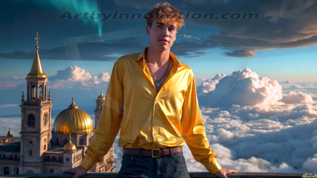 The Beautiful Young Men of the Golden City, is a collection of AI generated images of sexy, glamorous, handsome guys in the heavens. In this fantasy photograph of a young men in their late teens and 20's, overlooking a large golden city in the heavens. Generated to be as realistic as possible, in this this fantasy setting, with todays technology. Wearing jeans, an unbuttoned, vibrant, long-sleeve, button down shirt. The subject is enjoying a beautiful day outdoors. The mystical, galactic landscape, and the vibrant cosmic canopies, every detail, from the texture of the clouds, to the magnificent, majestic gothic architecture of the golden city, is crafted to create an atmosphere of reverence and divine glory. With a breathtaking scene, offering warm golden hour lighting. The heavenly landscape evokes a sense of freedom and tranquility, that is expresses through his facial features and smile, as day turns to night. The heavenly landscape evokes a sense of mysterious black space and light, with a vast galaxy that almost covers the image, the stars and constellations sparkle bright, in dark blue sky.