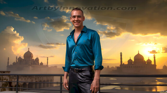The Beautiful Young Men of the Golden City, is a collection of AI generated images of sexy, glamorous, handsome guys in the heavens. In this fantasy photograph of a young men in their late teens and 20's, overlooking a large golden city in the heavens. Generated to be as realistic as possible, in this this fantasy setting, with todays technology. Wearing jeans, an unbuttoned, vibrant, long-sleeve, button down shirt. The subject is enjoying a beautiful day outdoors. The mystical, galactic landscape, and the vibrant cosmic canopies, every detail, from the texture of the clouds, to the magnificent, majestic gothic architecture of the golden city, is crafted to create an atmosphere of reverence and divine glory. With a breathtaking scene, offering warm golden hour lighting. The heavenly landscape evokes a sense of freedom and tranquility, that is expresses through his facial features and smile, as day turns to night. The heavenly landscape evokes a sense of mysterious black space and light, with a vast galaxy that almost covers the image, the stars and constellations sparkle bright, in dark blue sky.