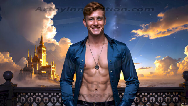 The Beautiful Young Men of the Golden City, is a collection of AI generated images of sexy, glamorous, handsome guys in the heavens. In this fantasy photograph of a young men in their late teens and 20's, overlooking a large golden city in the heavens. Generated to be as realistic as possible, in this this fantasy setting, with todays technology. Wearing jeans, an unbuttoned, vibrant, long-sleeve, button down shirt. The subject is enjoying a beautiful day outdoors. The mystical, galactic landscape, and the vibrant cosmic canopies, every detail, from the texture of the clouds, to the magnificent, majestic gothic architecture of the golden city, is crafted to create an atmosphere of reverence and divine glory. With a breathtaking scene, offering warm golden hour lighting. The heavenly landscape evokes a sense of freedom and tranquility, that is expresses through his facial features and smile, as day turns to night. The heavenly landscape evokes a sense of mysterious black space and light, with a vast galaxy that almost covers the image, the stars and constellations sparkle bright, in dark blue sky.