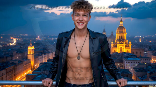 The Beautiful Young Men of the Golden City, is a collection of AI generated images of sexy, glamorous, handsome guys in the heavens. In this fantasy photograph of a young men in their late teens and 20's, overlooking a large golden city in the heavens. Generated to be as realistic as possible, in this this fantasy setting, with todays technology. Wearing jeans, an unbuttoned, vibrant, long-sleeve, button down shirt. The subject is enjoying a beautiful day outdoors. The mystical, galactic landscape, and the vibrant cosmic canopies, every detail, from the texture of the clouds, to the magnificent, majestic gothic architecture of the golden city, is crafted to create an atmosphere of reverence and divine glory. With a breathtaking scene, offering warm golden hour lighting. The heavenly landscape evokes a sense of freedom and tranquility, that is expresses through his facial features and smile, as day turns to night. The heavenly landscape evokes a sense of mysterious black space and light, with a vast galaxy that almost covers the image, the stars and constellations sparkle bright, in dark blue sky.