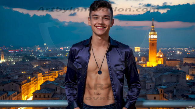 The Beautiful Young Men of the Golden City, is a collection of AI generated images of sexy, glamorous, handsome guys in the heavens. In this fantasy photograph of a young men in their late teens and 20's, overlooking a large golden city in the heavens. Generated to be as realistic as possible, in this this fantasy setting, with todays technology. Wearing jeans, an unbuttoned, vibrant, long-sleeve, button down shirt. The subject is enjoying a beautiful day outdoors. The mystical, galactic landscape, and the vibrant cosmic canopies, every detail, from the texture of the clouds, to the magnificent, majestic gothic architecture of the golden city, is crafted to create an atmosphere of reverence and divine glory. With a breathtaking scene, offering warm golden hour lighting. The heavenly landscape evokes a sense of freedom and tranquility, that is expresses through his facial features and smile, as day turns to night. The heavenly landscape evokes a sense of mysterious black space and light, with a vast galaxy that almost covers the image, the stars and constellations sparkle bright, in dark blue sky.