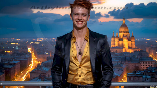 The Beautiful Young Men of the Golden City, is a collection of AI generated images of sexy, glamorous, handsome guys in the heavens. In this fantasy photograph of a young men in their late teens and 20's, overlooking a large golden city in the heavens. Generated to be as realistic as possible, in this this fantasy setting, with todays technology. Wearing jeans, an unbuttoned, vibrant, long-sleeve, button down shirt. The subject is enjoying a beautiful day outdoors. The mystical, galactic landscape, and the vibrant cosmic canopies, every detail, from the texture of the clouds, to the magnificent, majestic gothic architecture of the golden city, is crafted to create an atmosphere of reverence and divine glory. With a breathtaking scene, offering warm golden hour lighting. The heavenly landscape evokes a sense of freedom and tranquility, that is expresses through his facial features and smile, as day turns to night. The heavenly landscape evokes a sense of mysterious black space and light, with a vast galaxy that almost covers the image, the stars and constellations sparkle bright, in dark blue sky.