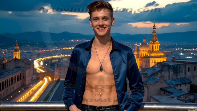 The Beautiful Young Men of the Golden City, is a collection of AI generated images of sexy, glamorous, handsome guys in the heavens. In this fantasy photograph of a young men in their late teens and 20's, overlooking a large golden city in the heavens. Generated to be as realistic as possible, in this this fantasy setting, with todays technology. Wearing jeans, an unbuttoned, vibrant, long-sleeve, button down shirt. The subject is enjoying a beautiful day outdoors. The mystical, galactic landscape, and the vibrant cosmic canopies, every detail, from the texture of the clouds, to the magnificent, majestic gothic architecture of the golden city, is crafted to create an atmosphere of reverence and divine glory. With a breathtaking scene, offering warm golden hour lighting. The heavenly landscape evokes a sense of freedom and tranquility, that is expresses through his facial features and smile, as day turns to night. The heavenly landscape evokes a sense of mysterious black space and light, with a vast galaxy that almost covers the image, the stars and constellations sparkle bright, in dark blue sky.
