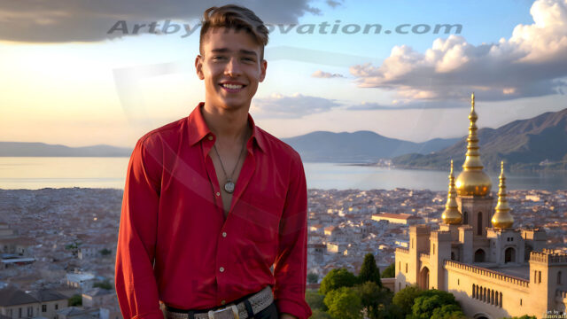 The Beautiful Young Men of the Golden City, is a collection of AI generated images of sexy, glamorous, handsome guys in the heavens. In this fantasy photograph of a young men in their late teens and 20's, overlooking a large golden city in the heavens. Generated to be as realistic as possible, in this this fantasy setting, with todays technology. Wearing jeans, an unbuttoned, vibrant, long-sleeve, button down shirt. The subject is enjoying a beautiful day outdoors. The mystical, galactic landscape, and the vibrant cosmic canopies, every detail, from the texture of the clouds, to the magnificent, majestic gothic architecture of the golden city, is crafted to create an atmosphere of reverence and divine glory. With a breathtaking scene, offering warm golden hour lighting. The heavenly landscape evokes a sense of freedom and tranquility, that is expresses through his facial features and smile, as day turns to night. The heavenly landscape evokes a sense of mysterious black space and light, with a vast galaxy that almost covers the image, the stars and constellations sparkle bright, in dark blue sky.