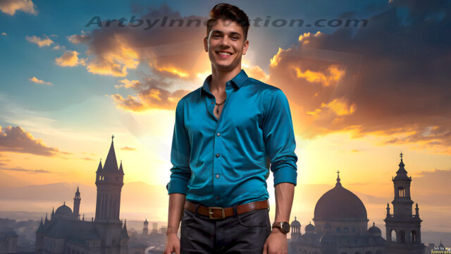 The Beautiful Young Men of the Golden City, is a collection of AI generated images of sexy, glamorous, handsome guys in the heavens. In this fantasy photograph of a young men in their late teens and 20's, overlooking a large golden city in the heavens. Generated to be as realistic as possible, in this this fantasy setting, with todays technology. Wearing jeans, an unbuttoned, vibrant, long-sleeve, button down shirt. The subject is enjoying a beautiful day outdoors. The mystical, galactic landscape, and the vibrant cosmic canopies, every detail, from the texture of the clouds, to the magnificent, majestic gothic architecture of the golden city, is crafted to create an atmosphere of reverence and divine glory. With a breathtaking scene, offering warm golden hour lighting. The heavenly landscape evokes a sense of freedom and tranquility, that is expresses through his facial features and smile, as day turns to night. The heavenly landscape evokes a sense of mysterious black space and light, with a vast galaxy that almost covers the image, the stars and constellations sparkle bright, in dark blue sky.