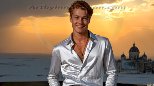 The Beautiful Young Men of the Golden City, is a collection of AI generated images of sexy, glamorous, handsome guys in the heavens. In this fantasy photograph of a young men in their late teens and 20's, overlooking a large golden city in the heavens. Generated to be as realistic as possible, in this this fantasy setting, with todays technology. Wearing jeans, an unbuttoned, vibrant, long-sleeve, button down shirt. The subject is enjoying a beautiful day outdoors. The mystical, galactic landscape, and the vibrant cosmic canopies, every detail, from the texture of the clouds, to the magnificent, majestic gothic architecture of the golden city, is crafted to create an atmosphere of reverence and divine glory. With a breathtaking scene, offering warm golden hour lighting. The heavenly landscape evokes a sense of freedom and tranquility, that is expresses through his facial features and smile, as day turns to night. The heavenly landscape evokes a sense of mysterious black space and light, with a vast galaxy that almost covers the image, the stars and constellations sparkle bright, in dark blue sky.
