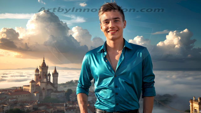 The Beautiful Young Men of the Golden City, is a collection of AI generated images of sexy, glamorous, handsome guys in the heavens. In this fantasy photograph of a young men in their late teens and 20's, overlooking a large golden city in the heavens. Generated to be as realistic as possible, in this this fantasy setting, with todays technology. Wearing jeans, an unbuttoned, vibrant, long-sleeve, button down shirt. The subject is enjoying a beautiful day outdoors. The mystical, galactic landscape, and the vibrant cosmic canopies, every detail, from the texture of the clouds, to the magnificent, majestic gothic architecture of the golden city, is crafted to create an atmosphere of reverence and divine glory. With a breathtaking scene, offering warm golden hour lighting. The heavenly landscape evokes a sense of freedom and tranquility, that is expresses through his facial features and smile, as day turns to night. The heavenly landscape evokes a sense of mysterious black space and light, with a vast galaxy that almost covers the image, the stars and constellations sparkle bright, in dark blue sky.