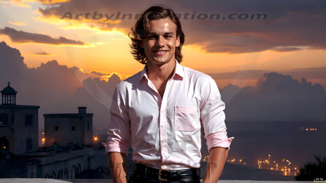The Beautiful Young Men of the Golden City, is a collection of AI generated images of sexy, glamorous, handsome guys in the heavens. In this fantasy photograph of a young men in their late teens and 20's, overlooking a large golden city in the heavens. Generated to be as realistic as possible, in this this fantasy setting, with todays technology. Wearing jeans, an unbuttoned, vibrant, long-sleeve, button down shirt. The subject is enjoying a beautiful day outdoors. The mystical, galactic landscape, and the vibrant cosmic canopies, every detail, from the texture of the clouds, to the magnificent, majestic gothic architecture of the golden city, is crafted to create an atmosphere of reverence and divine glory. With a breathtaking scene, offering warm golden hour lighting. The heavenly landscape evokes a sense of freedom and tranquility, that is expresses through his facial features and smile, as day turns to night. The heavenly landscape evokes a sense of mysterious black space and light, with a vast galaxy that almost covers the image, the stars and constellations sparkle bright, in dark blue sky.