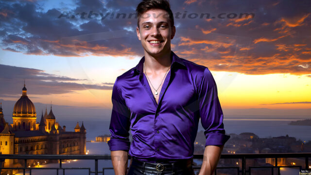 The Beautiful Young Men of the Golden City, is a collection of AI generated images of sexy, glamorous, handsome guys in the heavens. In this fantasy photograph of a young men in their late teens and 20's, overlooking a large golden city in the heavens. Generated to be as realistic as possible, in this this fantasy setting, with todays technology. Wearing jeans, an unbuttoned, vibrant, long-sleeve, button down shirt. The subject is enjoying a beautiful day outdoors. The mystical, galactic landscape, and the vibrant cosmic canopies, every detail, from the texture of the clouds, to the magnificent, majestic gothic architecture of the golden city, is crafted to create an atmosphere of reverence and divine glory. With a breathtaking scene, offering warm golden hour lighting. The heavenly landscape evokes a sense of freedom and tranquility, that is expresses through his facial features and smile, as day turns to night. The heavenly landscape evokes a sense of mysterious black space and light, with a vast galaxy that almost covers the image, the stars and constellations sparkle bright, in dark blue sky.