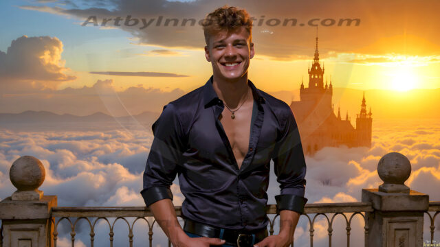 The Beautiful Young Men of the Golden City, is a collection of AI generated images of sexy, glamorous, handsome guys in the heavens. In this fantasy photograph of a young men in their late teens and 20's, overlooking a large golden city in the heavens. Generated to be as realistic as possible, in this this fantasy setting, with todays technology. Wearing jeans, an unbuttoned, vibrant, long-sleeve, button down shirt. The subject is enjoying a beautiful day outdoors. The mystical, galactic landscape, and the vibrant cosmic canopies, every detail, from the texture of the clouds, to the magnificent, majestic gothic architecture of the golden city, is crafted to create an atmosphere of reverence and divine glory. With a breathtaking scene, offering warm golden hour lighting. The heavenly landscape evokes a sense of freedom and tranquility, that is expresses through his facial features and smile, as day turns to night. The heavenly landscape evokes a sense of mysterious black space and light, with a vast galaxy that almost covers the image, the stars and constellations sparkle bright, in dark blue sky.