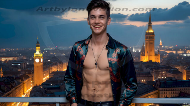 The Beautiful Young Men of the Golden City, is a collection of AI generated images of sexy, glamorous, handsome guys in the heavens. In this fantasy photograph of a young men in their late teens and 20's, overlooking a large golden city in the heavens. Generated to be as realistic as possible, in this this fantasy setting, with todays technology. Wearing jeans, an unbuttoned, vibrant, long-sleeve, button down shirt. The subject is enjoying a beautiful day outdoors. The mystical, galactic landscape, and the vibrant cosmic canopies, every detail, from the texture of the clouds, to the magnificent, majestic gothic architecture of the golden city, is crafted to create an atmosphere of reverence and divine glory. With a breathtaking scene, offering warm golden hour lighting. The heavenly landscape evokes a sense of freedom and tranquility, that is expresses through his facial features and smile, as day turns to night. The heavenly landscape evokes a sense of mysterious black space and light, with a vast galaxy that almost covers the image, the stars and constellations sparkle bright, in dark blue sky.