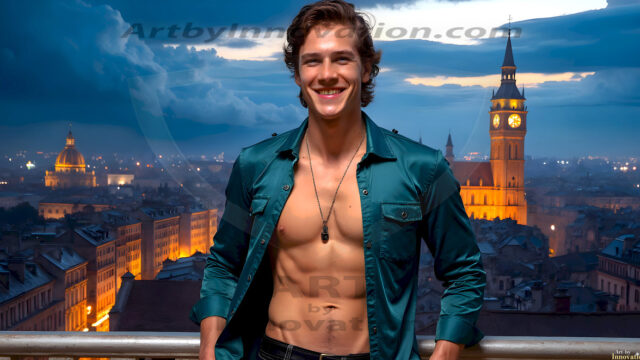 The Beautiful Young Men of the Golden City, is a collection of AI generated images of sexy, glamorous, handsome guys in the heavens. In this fantasy photograph of a young men in their late teens and 20's, overlooking a large golden city in the heavens. Generated to be as realistic as possible, in this this fantasy setting, with todays technology. Wearing jeans, an unbuttoned, vibrant, long-sleeve, button down shirt. The subject is enjoying a beautiful day outdoors. The mystical, galactic landscape, and the vibrant cosmic canopies, every detail, from the texture of the clouds, to the magnificent, majestic gothic architecture of the golden city, is crafted to create an atmosphere of reverence and divine glory. With a breathtaking scene, offering warm golden hour lighting. The heavenly landscape evokes a sense of freedom and tranquility, that is expresses through his facial features and smile, as day turns to night. The heavenly landscape evokes a sense of mysterious black space and light, with a vast galaxy that almost covers the image, the stars and constellations sparkle bright, in dark blue sky.
