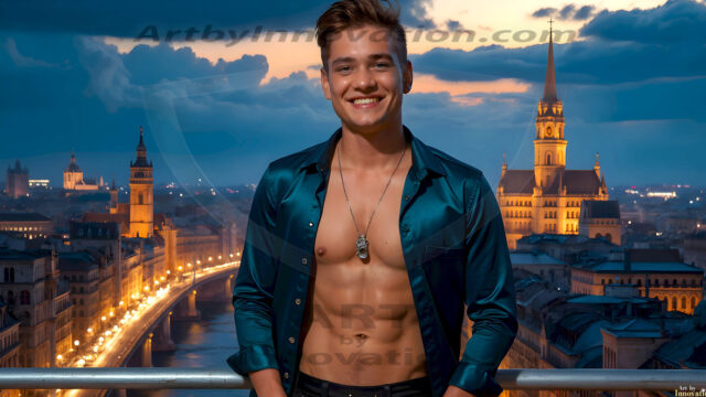 The Beautiful Young Men of the Golden City, is a collection of AI generated images of sexy, glamorous, handsome guys in the heavens. In this fantasy photograph of a young men in their late teens and 20's, overlooking a large golden city in the heavens. Generated to be as realistic as possible, in this this fantasy setting, with todays technology. Wearing jeans, an unbuttoned, vibrant, long-sleeve, button down shirt. The subject is enjoying a beautiful day outdoors. The mystical, galactic landscape, and the vibrant cosmic canopies, every detail, from the texture of the clouds, to the magnificent, majestic gothic architecture of the golden city, is crafted to create an atmosphere of reverence and divine glory. With a breathtaking scene, offering warm golden hour lighting. The heavenly landscape evokes a sense of freedom and tranquility, that is expresses through his facial features and smile, as day turns to night. The heavenly landscape evokes a sense of mysterious black space and light, with a vast galaxy that almost covers the image, the stars and constellations sparkle bright, in dark blue sky.