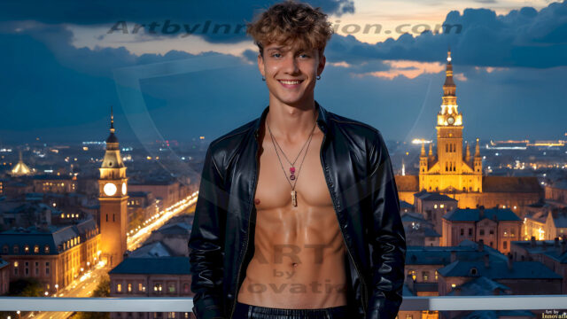 The Beautiful Young Men of the Golden City, is a collection of AI generated images of sexy, glamorous, handsome guys in the heavens. In this fantasy photograph of a young men in their late teens and 20's, overlooking a large golden city in the heavens. Generated to be as realistic as possible, in this this fantasy setting, with todays technology. Wearing jeans, an unbuttoned, vibrant, long-sleeve, button down shirt. The subject is enjoying a beautiful day outdoors. The mystical, galactic landscape, and the vibrant cosmic canopies, every detail, from the texture of the clouds, to the magnificent, majestic gothic architecture of the golden city, is crafted to create an atmosphere of reverence and divine glory. With a breathtaking scene, offering warm golden hour lighting. The heavenly landscape evokes a sense of freedom and tranquility, that is expresses through his facial features and smile, as day turns to night. The heavenly landscape evokes a sense of mysterious black space and light, with a vast galaxy that almost covers the image, the stars and constellations sparkle bright, in dark blue sky.