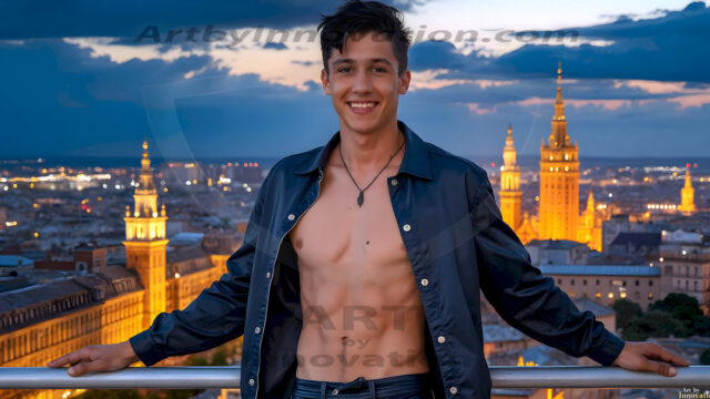 The Beautiful Young Men of the Golden City, is a collection of AI generated images of sexy, glamorous, handsome guys in the heavens. In this fantasy photograph of a young men in their late teens and 20's, overlooking a large golden city in the heavens. Generated to be as realistic as possible, in this this fantasy setting, with todays technology. Wearing jeans, an unbuttoned, vibrant, long-sleeve, button down shirt. The subject is enjoying a beautiful day outdoors. The mystical, galactic landscape, and the vibrant cosmic canopies, every detail, from the texture of the clouds, to the magnificent, majestic gothic architecture of the golden city, is crafted to create an atmosphere of reverence and divine glory. With a breathtaking scene, offering warm golden hour lighting. The heavenly landscape evokes a sense of freedom and tranquility, that is expresses through his facial features and smile, as day turns to night. The heavenly landscape evokes a sense of mysterious black space and light, with a vast galaxy that almost covers the image, the stars and constellations sparkle bright, in dark blue sky.