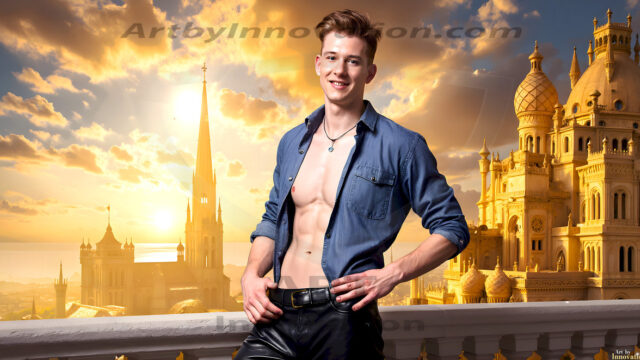 The Beautiful Young Men of the Golden City, is a collection of AI generated images of sexy, glamorous, handsome guys in the heavens. In this fantasy photograph of a young men in their late teens and 20's, overlooking a large golden city in the heavens. Generated to be as realistic as possible, in this this fantasy setting, with todays technology. Wearing jeans, an unbuttoned, vibrant, long-sleeve, button down shirt. The subject is enjoying a beautiful day outdoors. The mystical, galactic landscape, and the vibrant cosmic canopies, every detail, from the texture of the clouds, to the magnificent, majestic gothic architecture of the golden city, is crafted to create an atmosphere of reverence and divine glory. With a breathtaking scene, offering warm golden hour lighting. The heavenly landscape evokes a sense of freedom and tranquility, that is expresses through his facial features and smile, as day turns to night. The heavenly landscape evokes a sense of mysterious black space and light, with a vast galaxy that almost covers the image, the stars and constellations sparkle bright, in dark blue sky.