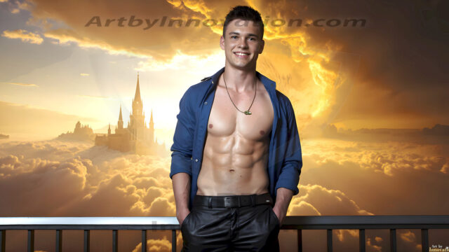 The Beautiful Young Men of the Golden City, is a collection of AI generated images of sexy, glamorous, handsome guys in the heavens. In this fantasy photograph of a young men in their late teens and 20's, overlooking a large golden city in the heavens. Generated to be as realistic as possible, in this this fantasy setting, with todays technology. Wearing jeans, an unbuttoned, vibrant, long-sleeve, button down shirt. The subject is enjoying a beautiful day outdoors. The mystical, galactic landscape, and the vibrant cosmic canopies, every detail, from the texture of the clouds, to the magnificent, majestic gothic architecture of the golden city, is crafted to create an atmosphere of reverence and divine glory. With a breathtaking scene, offering warm golden hour lighting. The heavenly landscape evokes a sense of freedom and tranquility, that is expresses through his facial features and smile, as day turns to night. The heavenly landscape evokes a sense of mysterious black space and light, with a vast galaxy that almost covers the image, the stars and constellations sparkle bright, in dark blue sky.