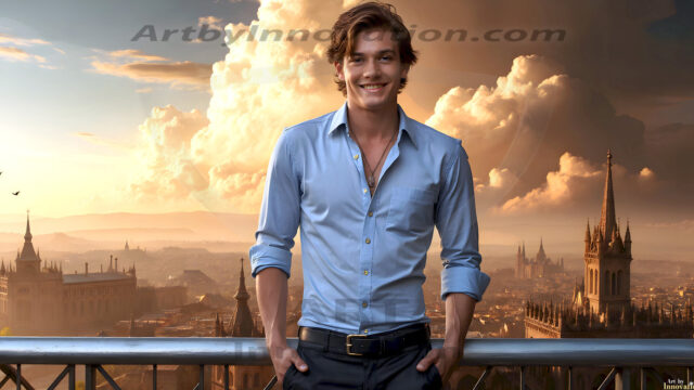 The Beautiful Young Men of the Golden City, is a collection of AI generated images of sexy, glamorous, handsome guys in the heavens. In this fantasy photograph of a young men in their late teens and 20's, overlooking a large golden city in the heavens. Generated to be as realistic as possible, in this this fantasy setting, with todays technology. Wearing jeans, an unbuttoned, vibrant, long-sleeve, button down shirt. The subject is enjoying a beautiful day outdoors. The mystical, galactic landscape, and the vibrant cosmic canopies, every detail, from the texture of the clouds, to the magnificent, majestic gothic architecture of the golden city, is crafted to create an atmosphere of reverence and divine glory. With a breathtaking scene, offering warm golden hour lighting. The heavenly landscape evokes a sense of freedom and tranquility, that is expresses through his facial features and smile, as day turns to night. The heavenly landscape evokes a sense of mysterious black space and light, with a vast galaxy that almost covers the image, the stars and constellations sparkle bright, in dark blue sky.